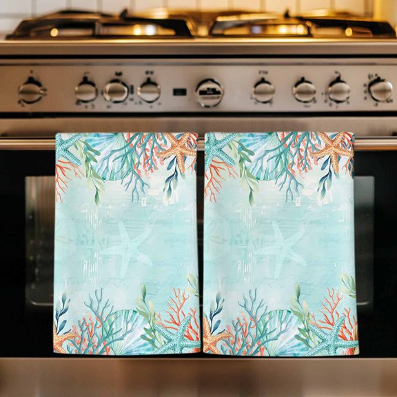 Blue Coastal Kitchen Towels Set of 4, Summer Nautical Beach Coral Starfish Absorbent Dish Towels for Kitchen, Microfiber Hand Towel, Quick Drying Tea Towel for Cleaning Decorative Dishcloths