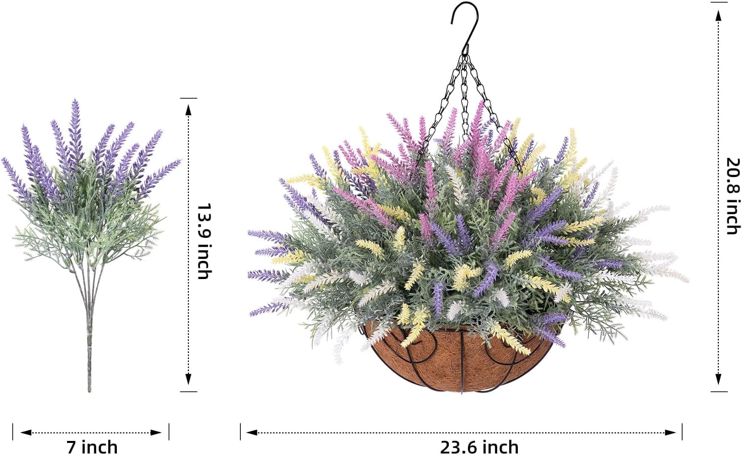 Artificial Fake Hanging Flowers Plants Basket for Outdoor Outside Spring Summer Decoration, Faux Mixed Colorful Lavender in Planter Look Real UV Resistant for Home Patio Porch Balcony Yard