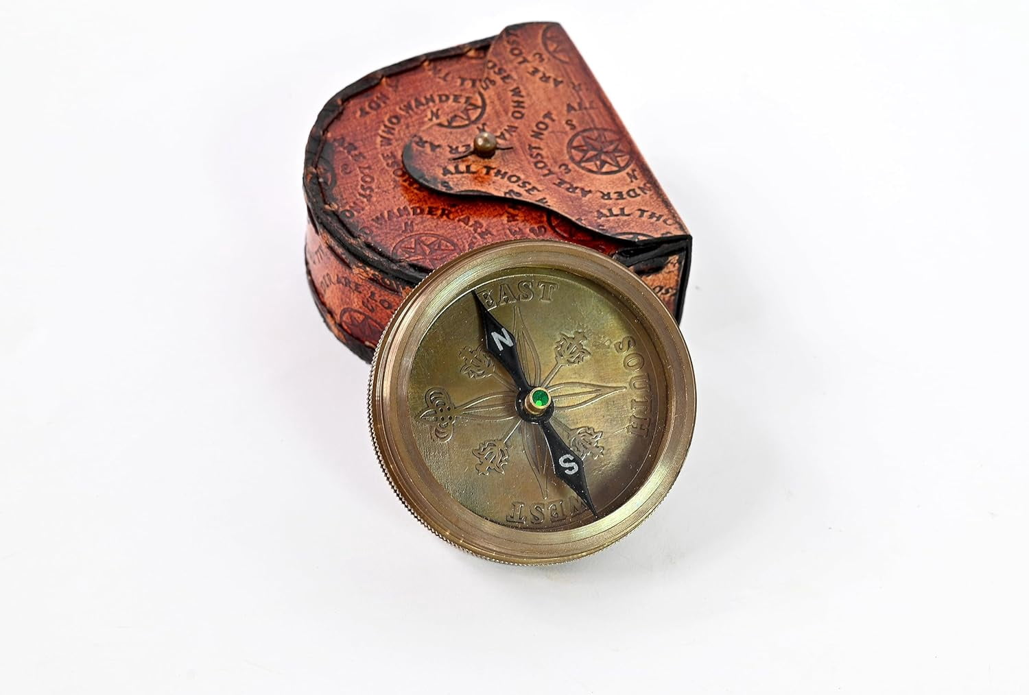 Brass Nautical - Not All Those Who Wander are Lost Brass Gift Engraved Compass with Leather case, Graduation Day Baptism Communion Confirmation Day Motivational LOTR J.R.R. Tolkien
