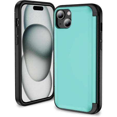 KOMI for iPhone 15 Case with Card Holder Black, 2 in 1 Flip Cover Resistance Shockproof Heavy Duty Protection Cover iPhone 15 Phone Case Rugged with Kickstand Green