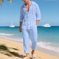 thumbnail image 2 of ZVNAΖH Men's Boho Linen 2-Piece Set Long Sleeve Hooded Button Up Shirt & Drawstring Pants Summer Beach Casual Outfit, 2 of 9