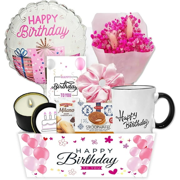 Birthday Gift BasketUnique Care package Gift set for women or teenage girl Variety gift wHappy birthday balloon dried flower bouquet, Card & snacks for best friend, Mom, Wife, Sister, Girlfriend