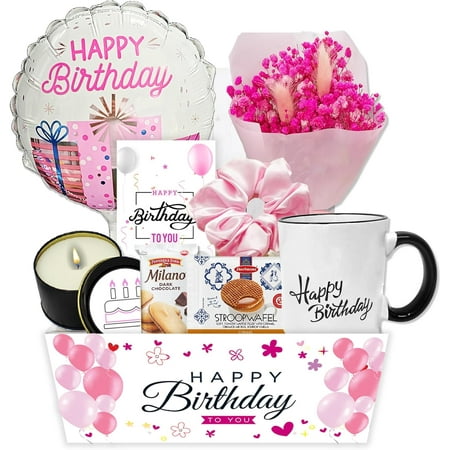 Birthday Gift BasketUnique Care package Gift set for women or teenage girl Variety gift wHappy birthday balloon dried flower bouquet Card & snacks for best friend Mom Wife Sister Girlfriend