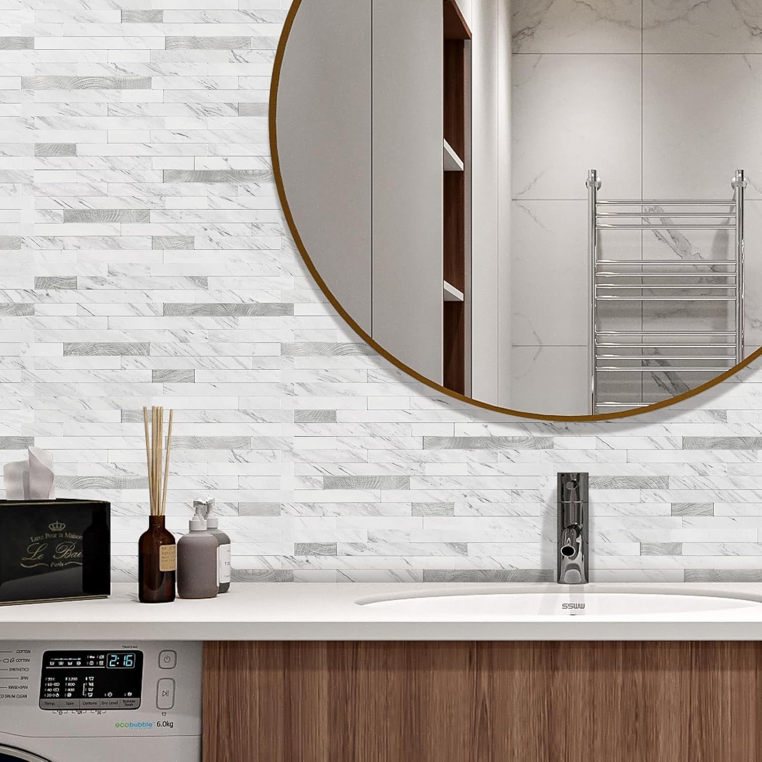 20 Sheets Peel and Stick Backsplash Tile, Stick on Backsplash for Kitchen and Bathroom, White Marble Look PVC Mixed Metal Silver Self Adhesive Wall Tiles