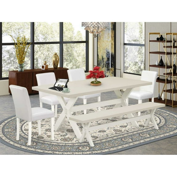 East West Furniture X027AB264-6 6-Piece Amazing Dining Room Table Set an Excellent Linen White Dining Room Table Top and Linen White Small Bench and 4 Gorgeous Pu Leather Parson Dining Chairs with...
