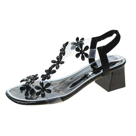 

iOPQO Women s sandals Women s Bohemia-Style Flower Square Heel Slip On Beach Sandals Shoes Large Size Flower Rhinestone Black 38