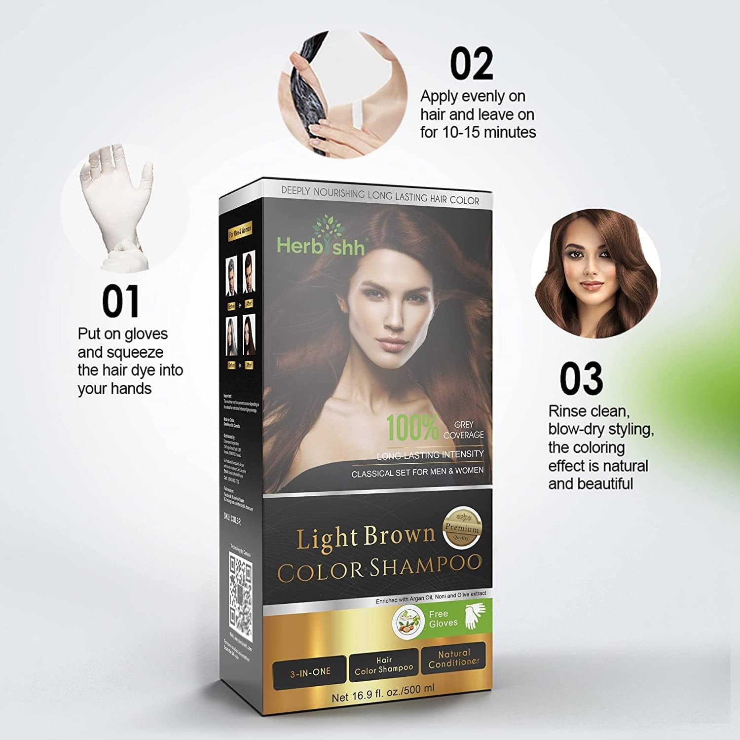(4 pack) Herbishh After Color Shampoo Combo Contains Hair Color Shampoo Hair Dye 500ml Argan Oil 30ml Pro Keratin And Argan Hair Mask, Hair Straightening, Shine And Protection For Men And Women (Light Brown)