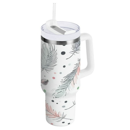 

Stainless Steel Tumbler with Straw and Handle Double Wall Insulated Tumblers Feathers Pattern