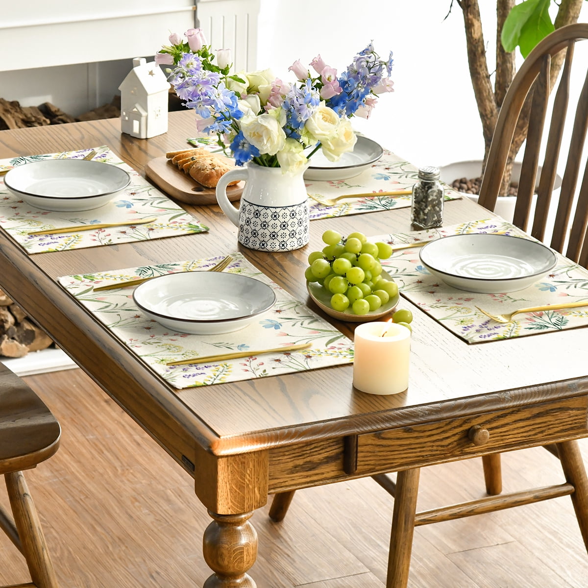 Sm:)e 4 Set Total 16PCS Seasonal Decorative Placemats, All Season Polyester Durable Vintage Rustic Table Mats for Kitchen Home Farmhouse Cabin Decor Holiday Celebration