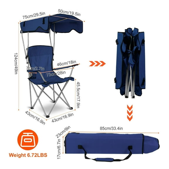 Foldable Beach Chair with Canopy - 330lbs Load - Camping Lawn Chair - Sun Protection - Cup Holder - Portable Outdoor Seat