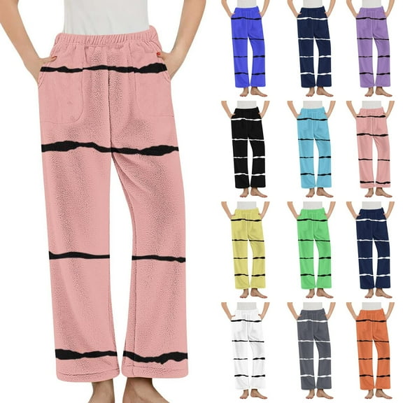 Nfurl Women's Winter Flannel Pajama Pants with Pockets Warm Stripe Elastic Waist Pjs Bottoms Cozy Lounge Long Boxer Pant Ladies Sleep Bottom White XL