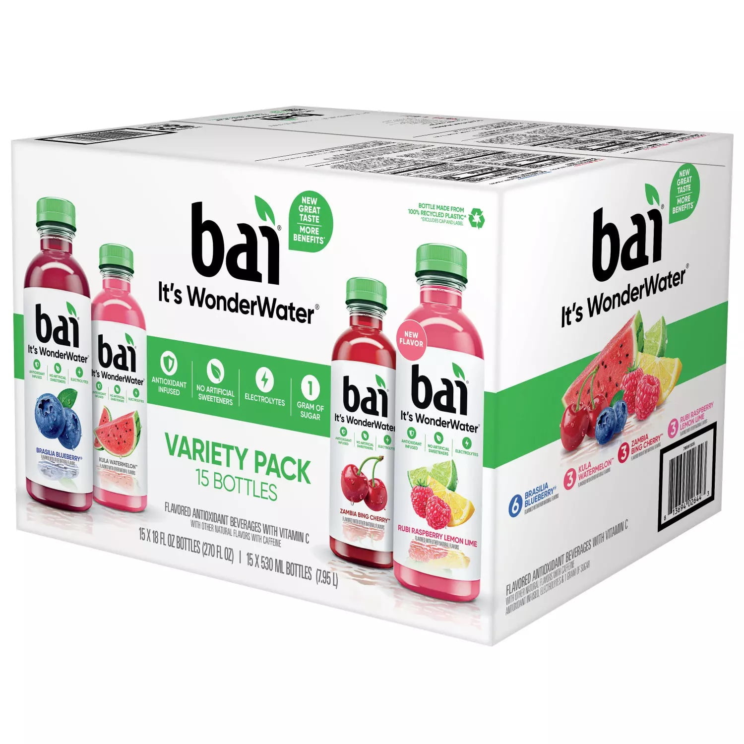Bai Flavors Variety Pack Antioxidant Infused Water Beverage, 15 pk./18 fl. oz.