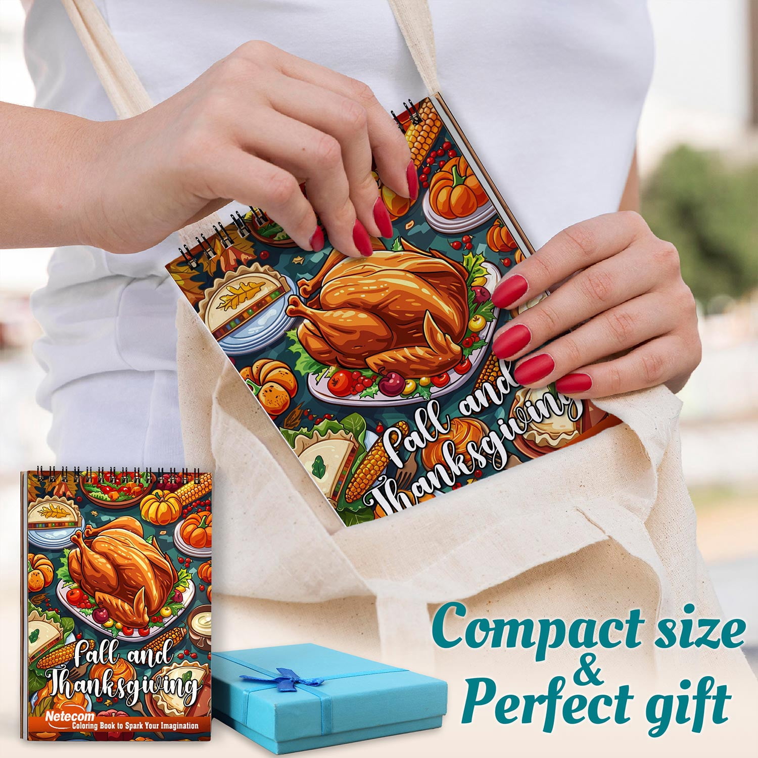 Netecom Fall and Thanksgiving Coloring Book Spiral Bound for Adults, A5 Wooden Cover, 30 Autumn Coloring Pages of Thanksgiving Holiday for Stress Relief and Relaxation