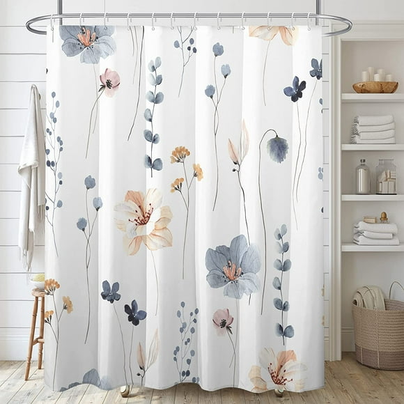 HTOOO Watercolor Floral Shower Curtain Sets,Blue Beige Flowers Bathroom Curtains,Modern Minimalist White Bath Curtain, Waterproof Fabric with 12 Hooks 72x72 Inches