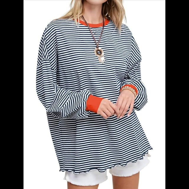 Camiseta de Larga Extragrande para Mujer, Túnica A Rayas con Bloques de Color, Sudadera Holgada de Otoño con Cuello Redondo Naranja y Rojo M