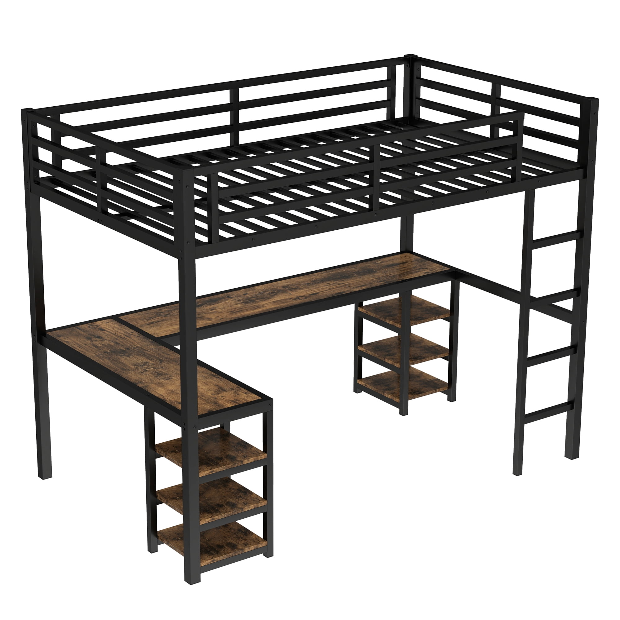 Mintazer Twin XL Loft Bed with Desk & 6 Shelves, Metal Bed Frame with Ladder and Guardrails for Kids Teens Bedroom Playhouse, Black
