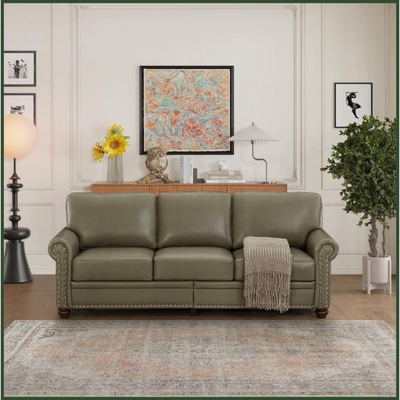 Classic Taupe Faux Leather 3-Seat Living Room Sofa with Storage & Solid Wood-Metal Frame