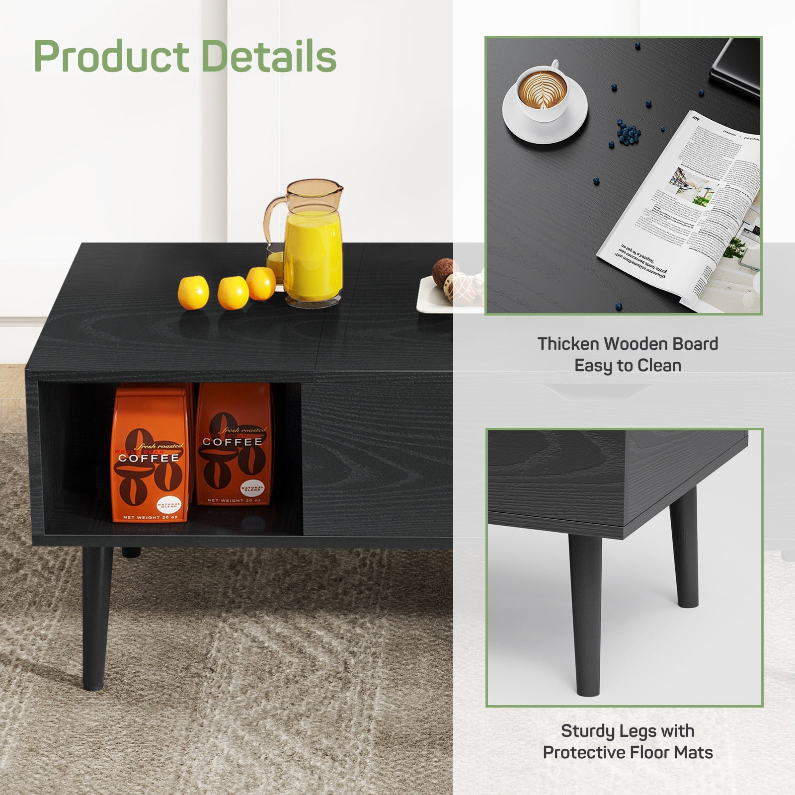 Casabay Lift Top Coffee Tables for Living Room, Small Modern Wooden Center Tables with Storage Shelf and Hidden Compartment