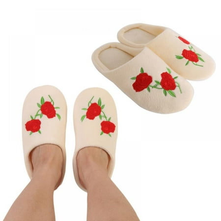 

Women s Fluffy Faux Fur Plush Cotton Slippers Washable Flat Closed Toe UltraIndoor Shoes with Non-Slip Sole Two Rose Patterns Home Slippers