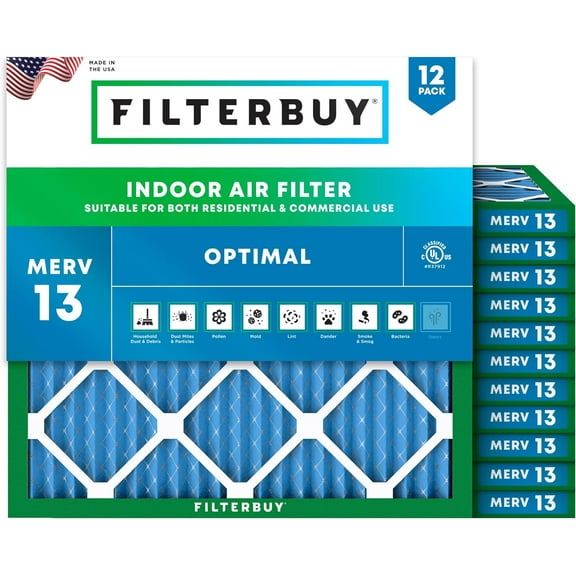 Filterbuy 17.25x17.25x1 MERV 13 Health Defense, Pleated HVAC AC Furnace Air Filters (12-Pack)