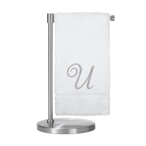 Monogrammed Bath Towel, Personalized Gift, 27 x 54 inches - Set of 1 - Silver Script Embroidered Towel - 100% Turkish Cotton- Soft Terry Finish - for Bathroom or Spa - Script U White