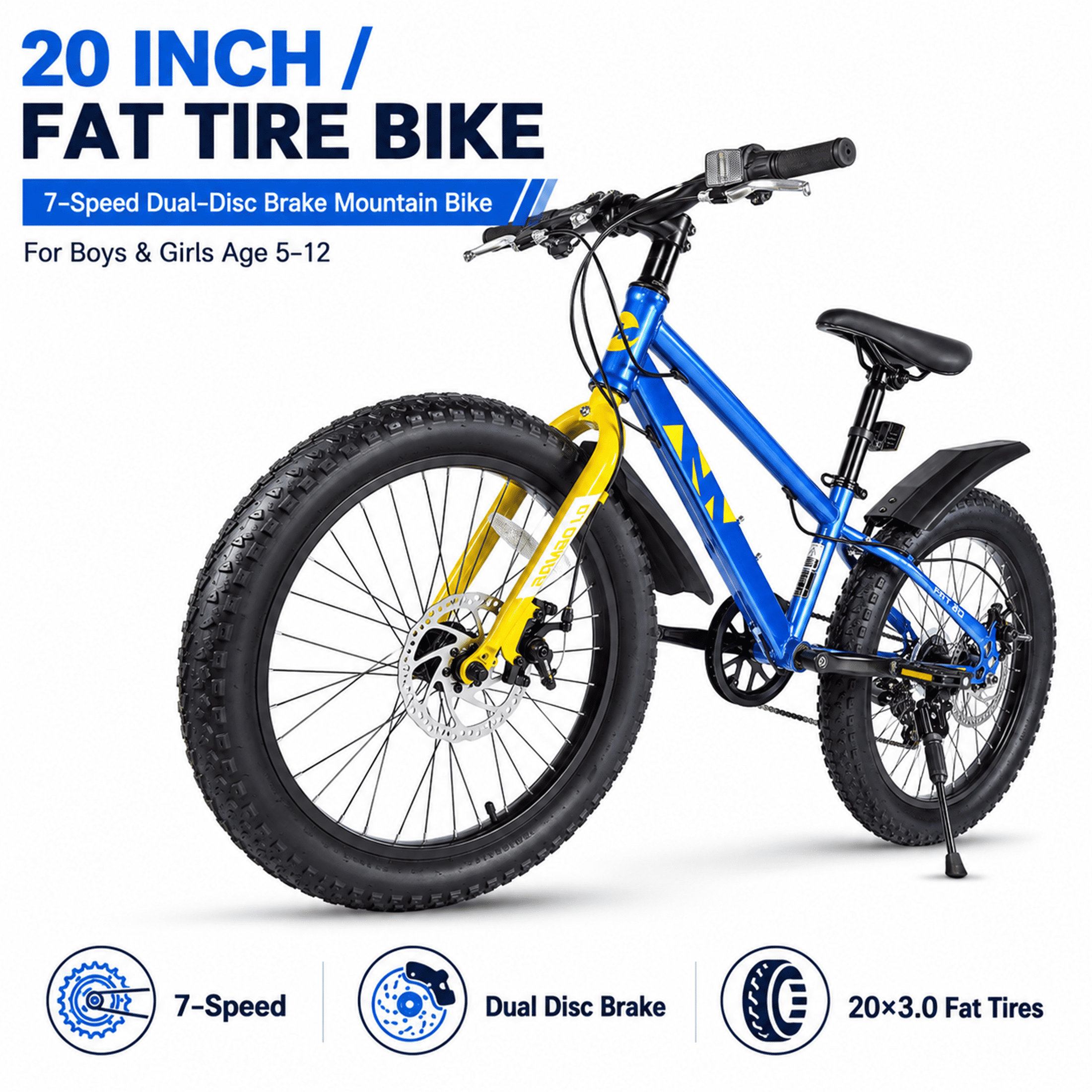 20 Inch Kids Mountain Bike for Boys and Girls Ages 5-12, 7-Speed Fat Tire Bicycle with Dual Disc Brakes and Suspension Fork, Blue Children’s Outdoor Bike for Sand, Snow, and Trail Riding
