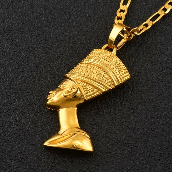 Egyptian Queen Nefertiti Pendant Necklaces Women Men Jewelry 14K Gold Jewellery African