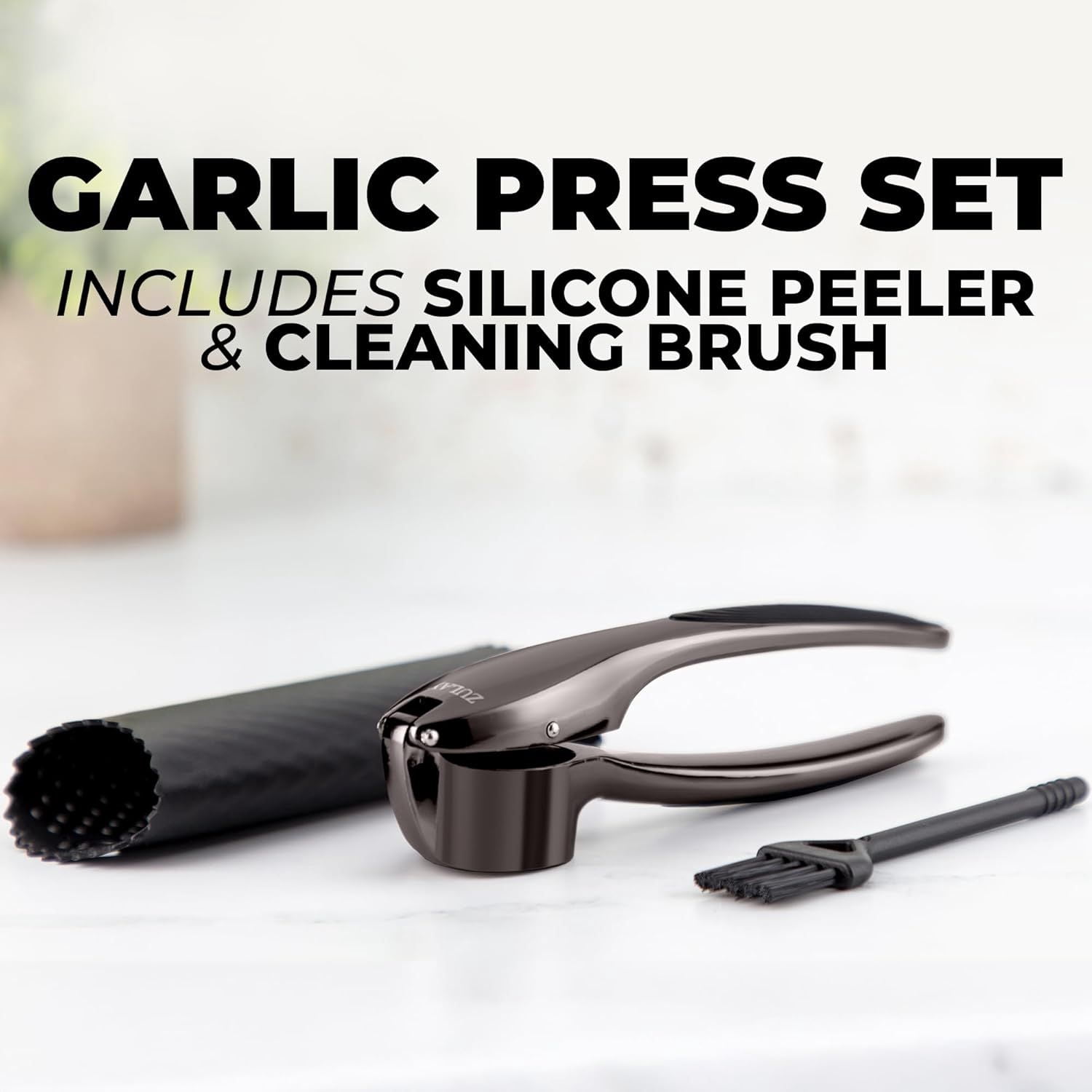 Medium Dark Gray Rust Proof Garlic Press Set Dishwasher Safe Mincer with Silicone Peeler & Brush