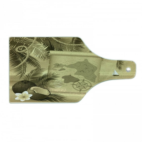 Island Map Cutting Board, Monochrome Retro Treasure Map on a Tropical Escape Sandy Beach with Palms Exotic, Decorative Tempered Glass Cutting and Serving Board, Wine Bottle Shape, Sepia, by Ambesonne
