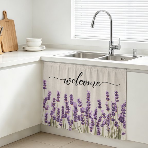 Purple Lavender Cabinet Curtain, Spring Pastoral Linen Texture Sink Skirt for Bathroom, Under Sink shelf Curtain Privacy Drape for Kitchen Laundry Room 10x11in