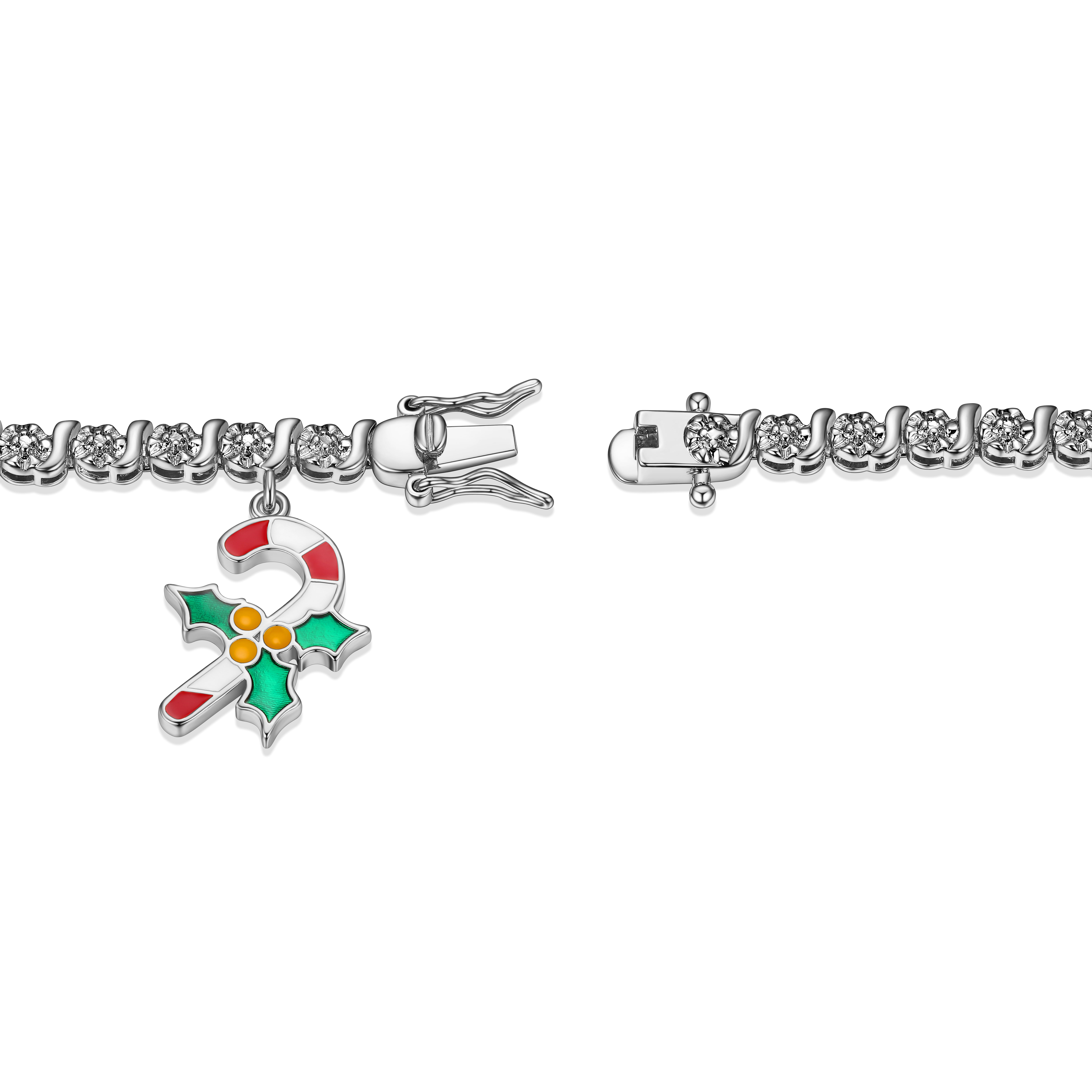 Fine Silver Plated Diamond Accent "S" Link Tennis Bracelet With Enamel Holiday Candy Cane Charm 7.25"