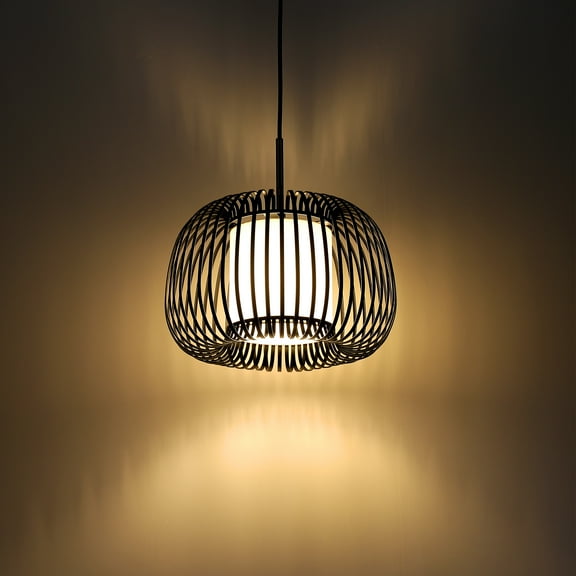 Black Hollow Cage Pendant Lamp Modern Minimalist Design with White Shade  Warm Incandescent Lighting for Dining Room