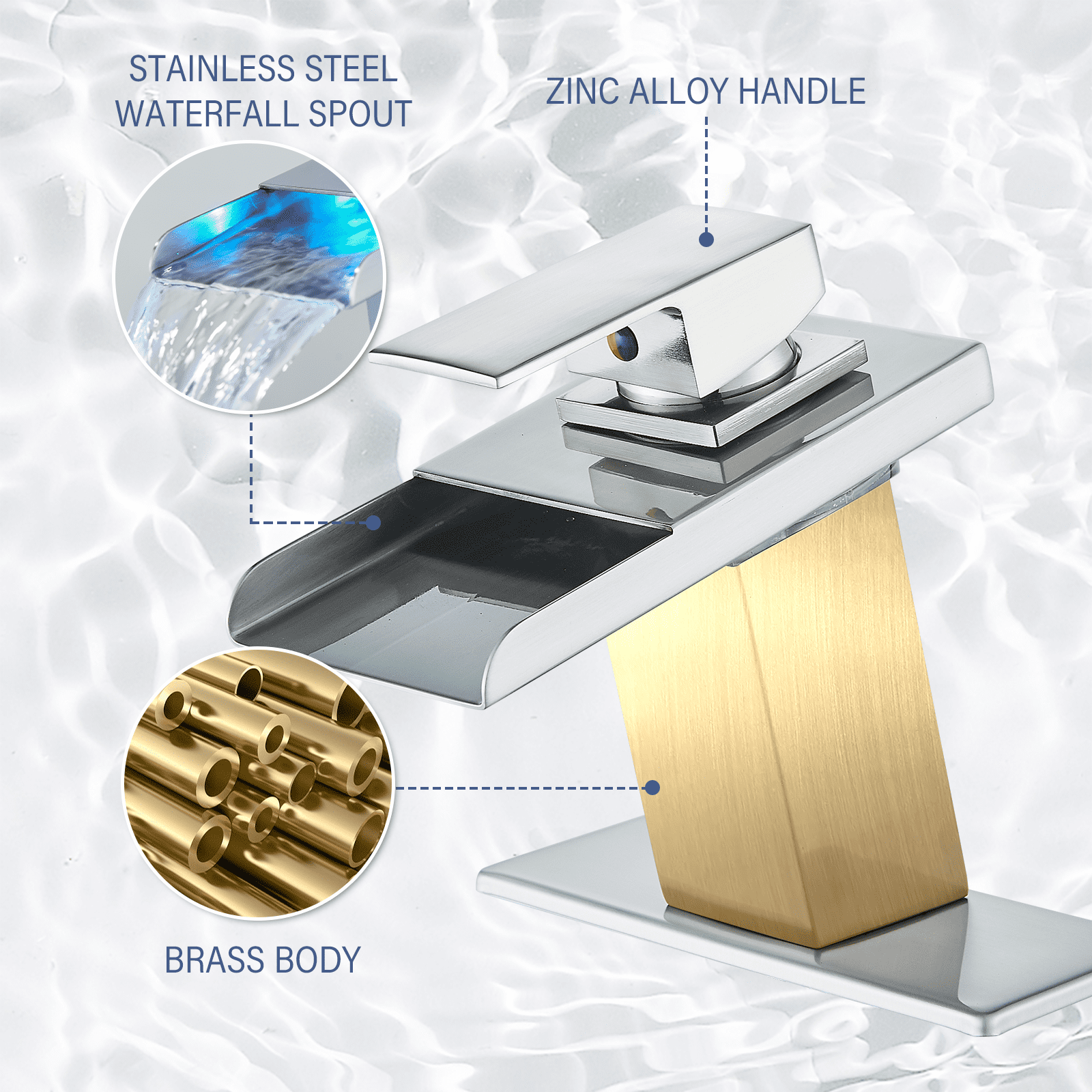 Zovajonia LED Waterfall Bathroom Faucet Brushed Nickel Single Handle Basin Sink Mixer Tap