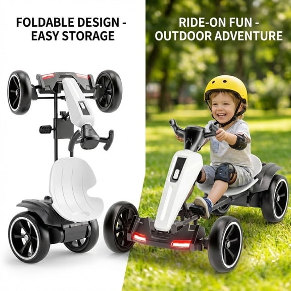 12V electric Kids Pedal Go Kart, Folder Go Kart, Outdoor Ride on Toy with Adjustable Seat, 4 Wheels for Boys and Girls(White)