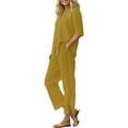 thumbnail image 2 of Women's Cotton Linen Shirt & Pants Set - Long Sleeve Solid Color Casual Suit, 4Xl, Gold, 2 of 9