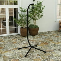 Merrick Lane Heavy Duty All-Weather Hanging Hammock Chair C-Stand with Steel Offset Base and 360 Degree Rotation, Black