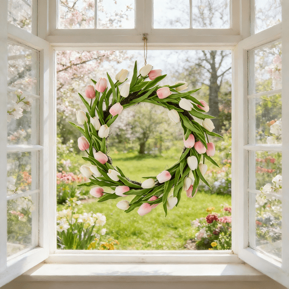 Tulip Wreath, Pink and Cream, 21", Easter by JEWLALO