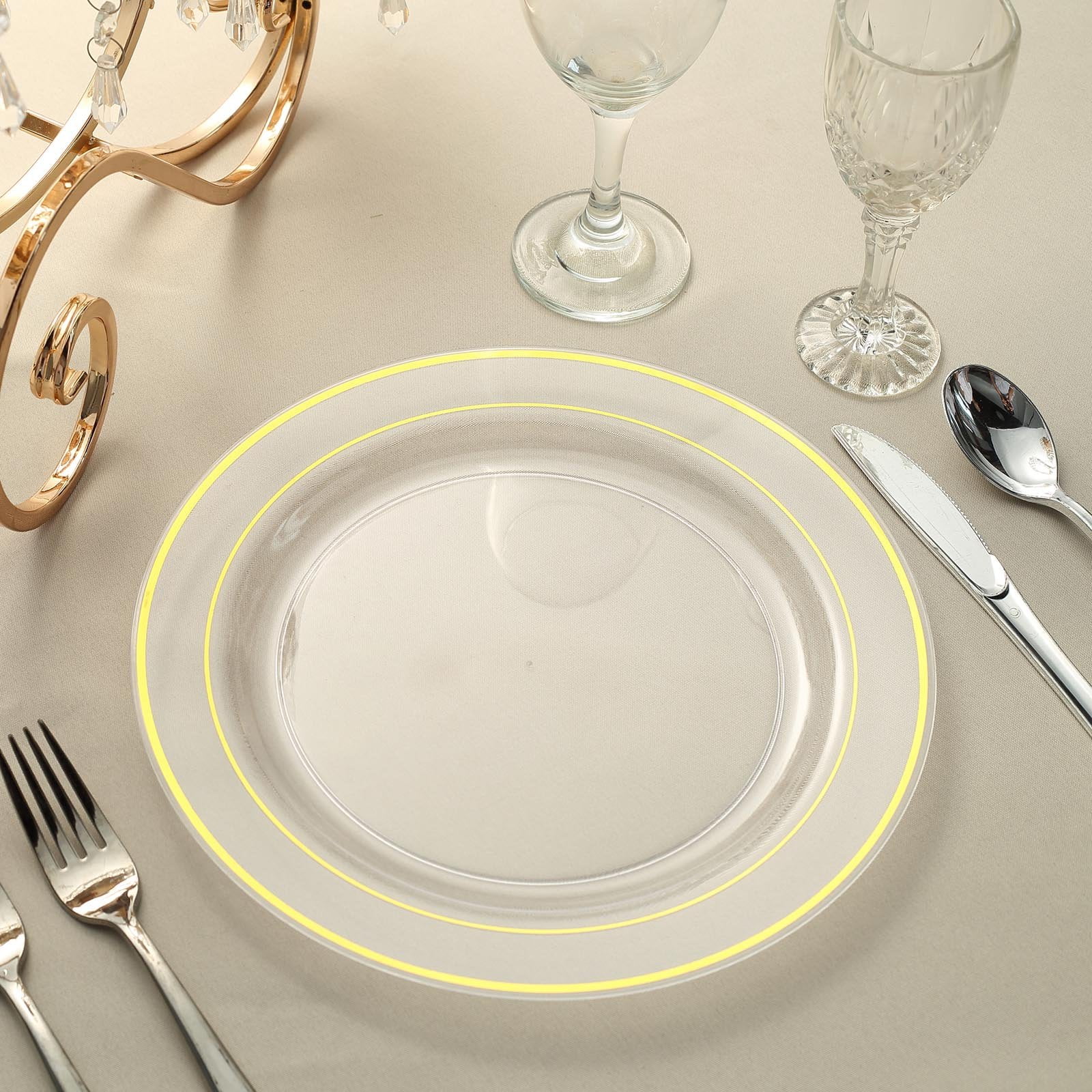 Efavormart 50 Pcs Gold Trimmed Round Disposable Plastic Plate Dinner