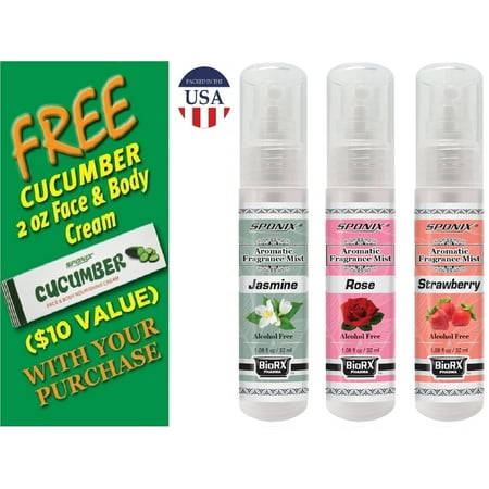 Fragrance Mist Set - 3 Scented Mists (1 oz - 32 ml) - Strawberry, Jasmine and Rose - Alcohol Free - with FREE Cucumber Face & Body Nourishing Cream by