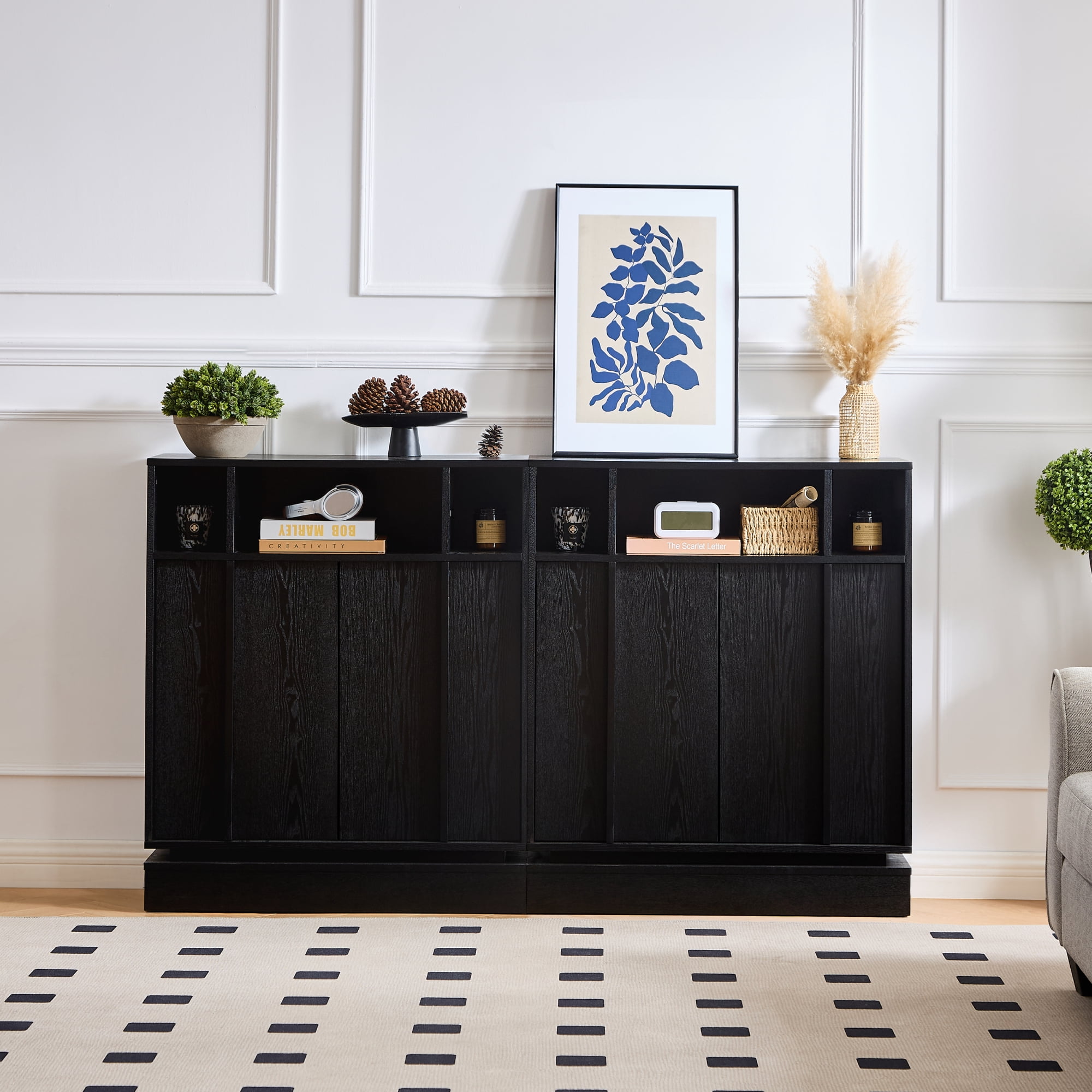 Leumius Sideboard Buffet Cabinet with Storage, Farmhouse Fluted Sideboard with 2 Doors & Adjustable Shelf, TV Media Console, Storage Cabinet for Entryway Hallway Kitchen Dining Living Room,Black