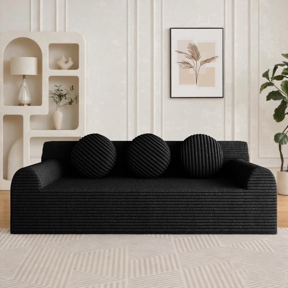AskPeak Mid-Century Modern Corduroy Storage and Deep Seat 3-Seater Sofa with 3 Pillows, Black