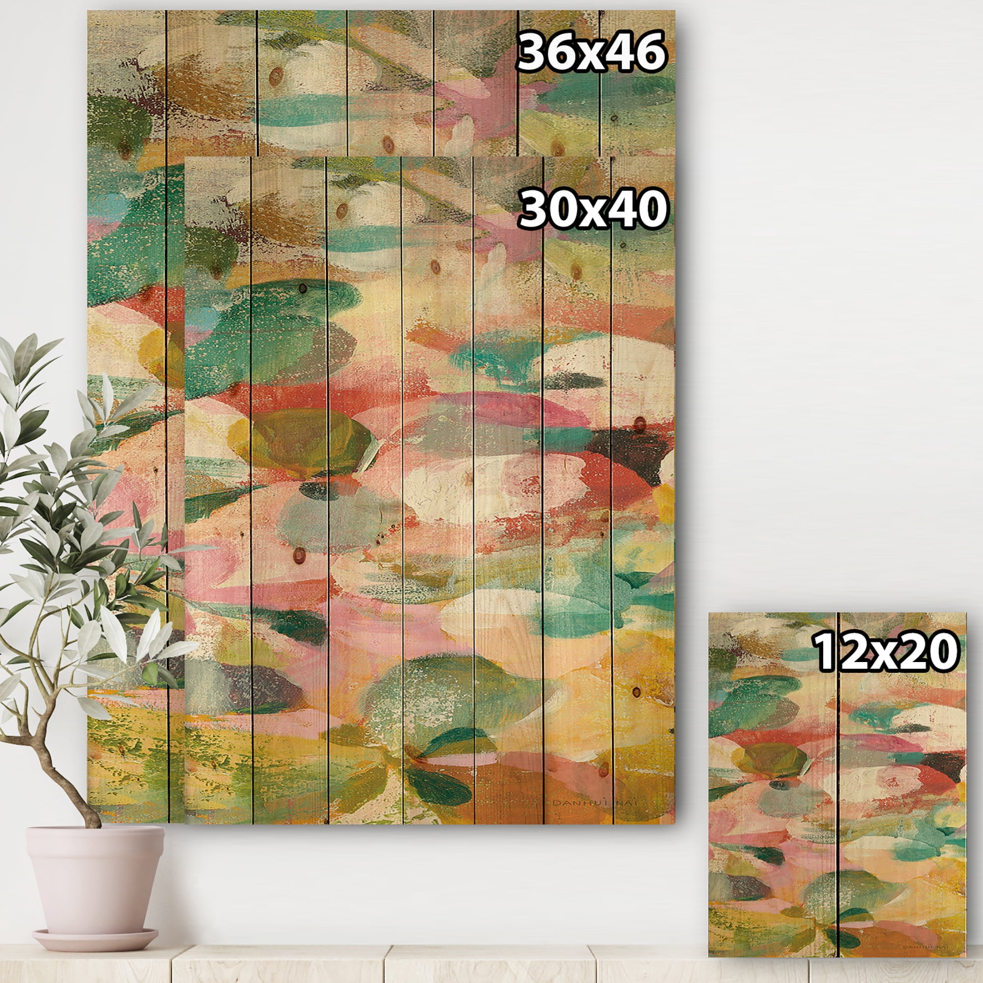 Designart 'Abstract Pastel Flower Painting with Pink and Blue' Cabin & Lodge Print on Natural Pine Wood
