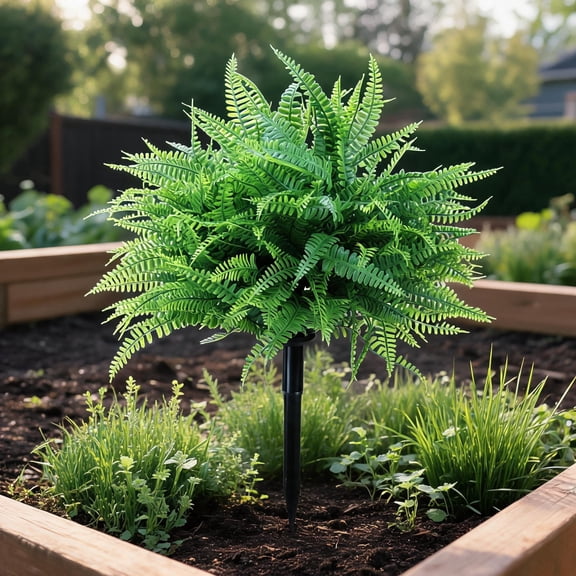 22in Artificial Fern Plant Stake Realistic Fake Boston Fern Bush for Outdoor Garden Decor, Porch Planter, Lawn & Patio Decoration, UV Resistant