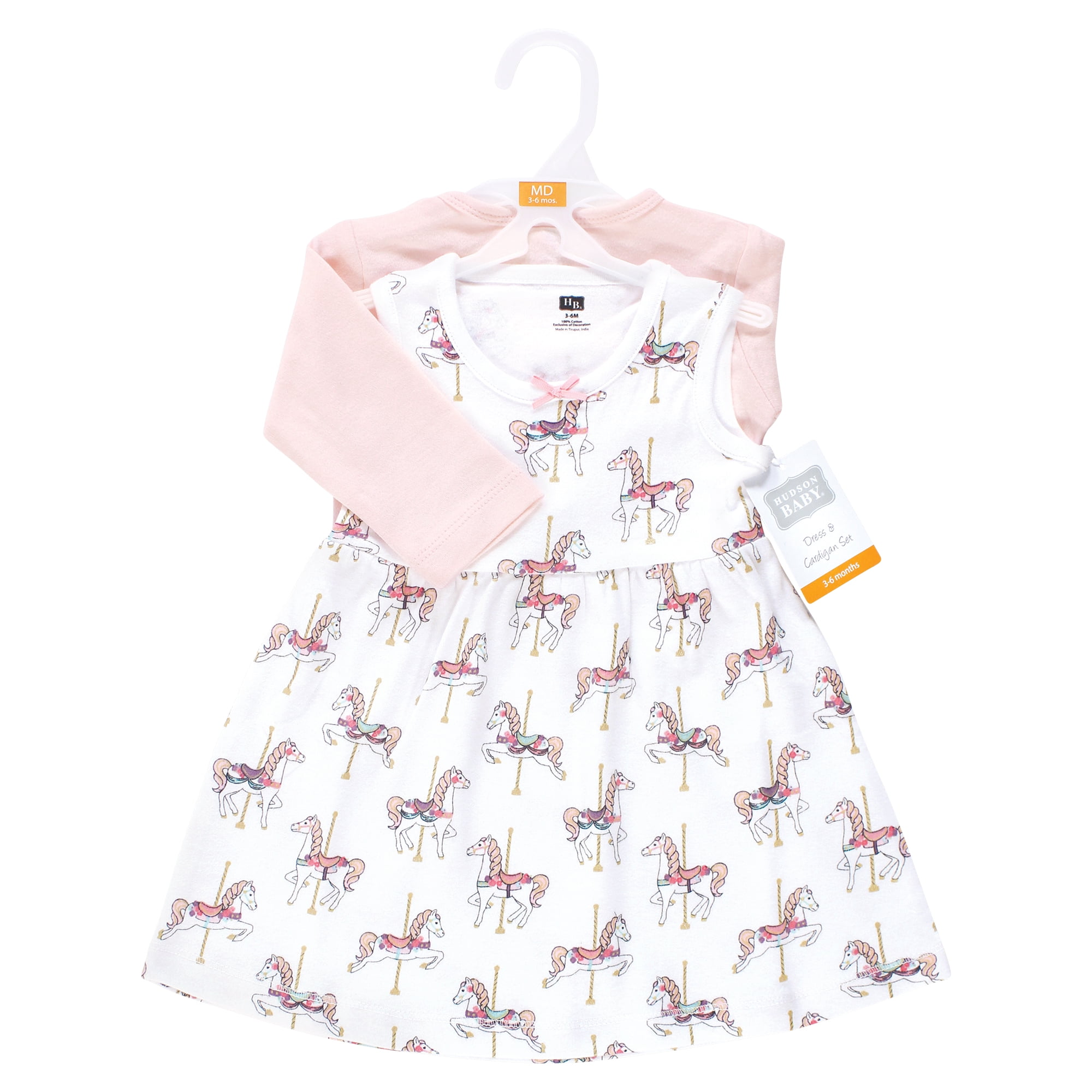 Hudson Baby Infant and Toddler Girls Cotton Dress and Cardigan Set, Carousel Horse, 18-24 Months