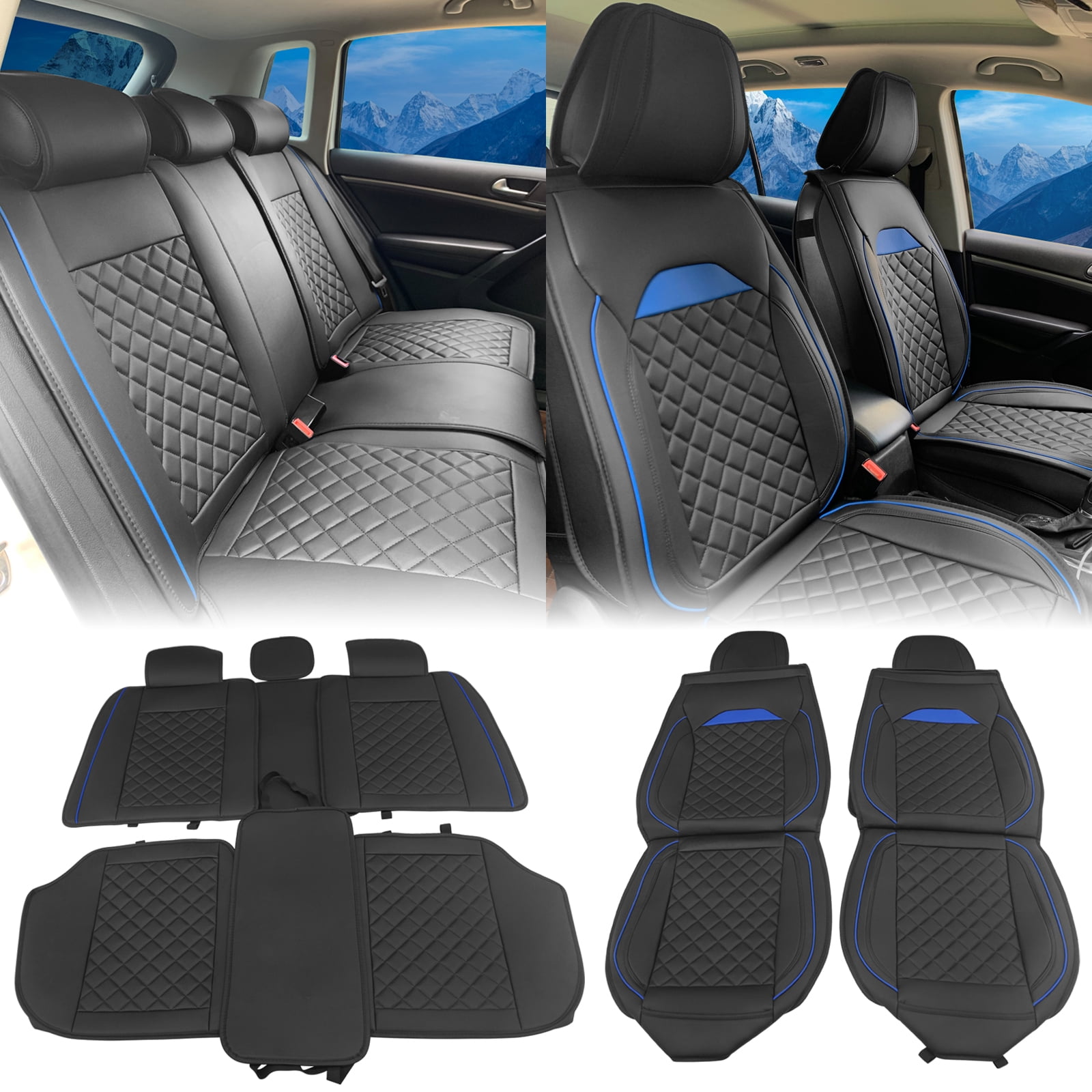 Ikon Motorsports Car Seat Covers Universal Fit 03 Style Black & Blue PU Leather First Back Row Auto Seat Cover Cushion Protectors 5-Seat Full Set