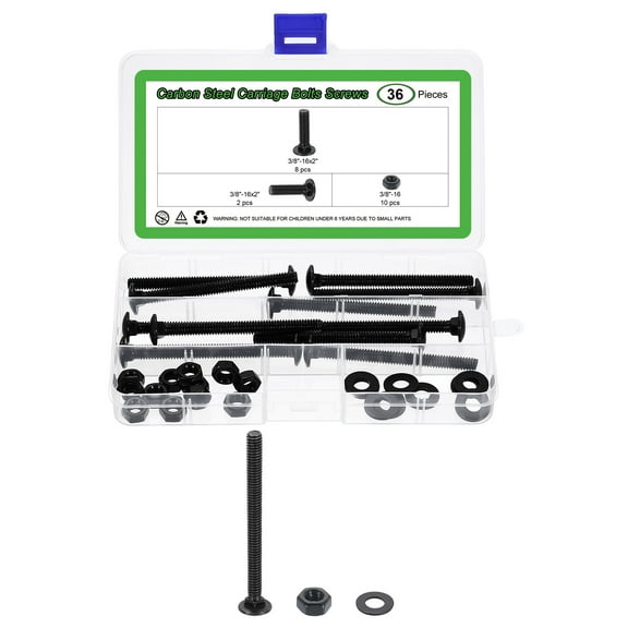 Uxcell 12 Set Carriage Bolts and Nuts Kit, 1/4"-20x3" Zinc-Plated Carbon Steel Round Head Square Neck Carriage Bolts Screws and Hex Nuts and Flat Washers - Black