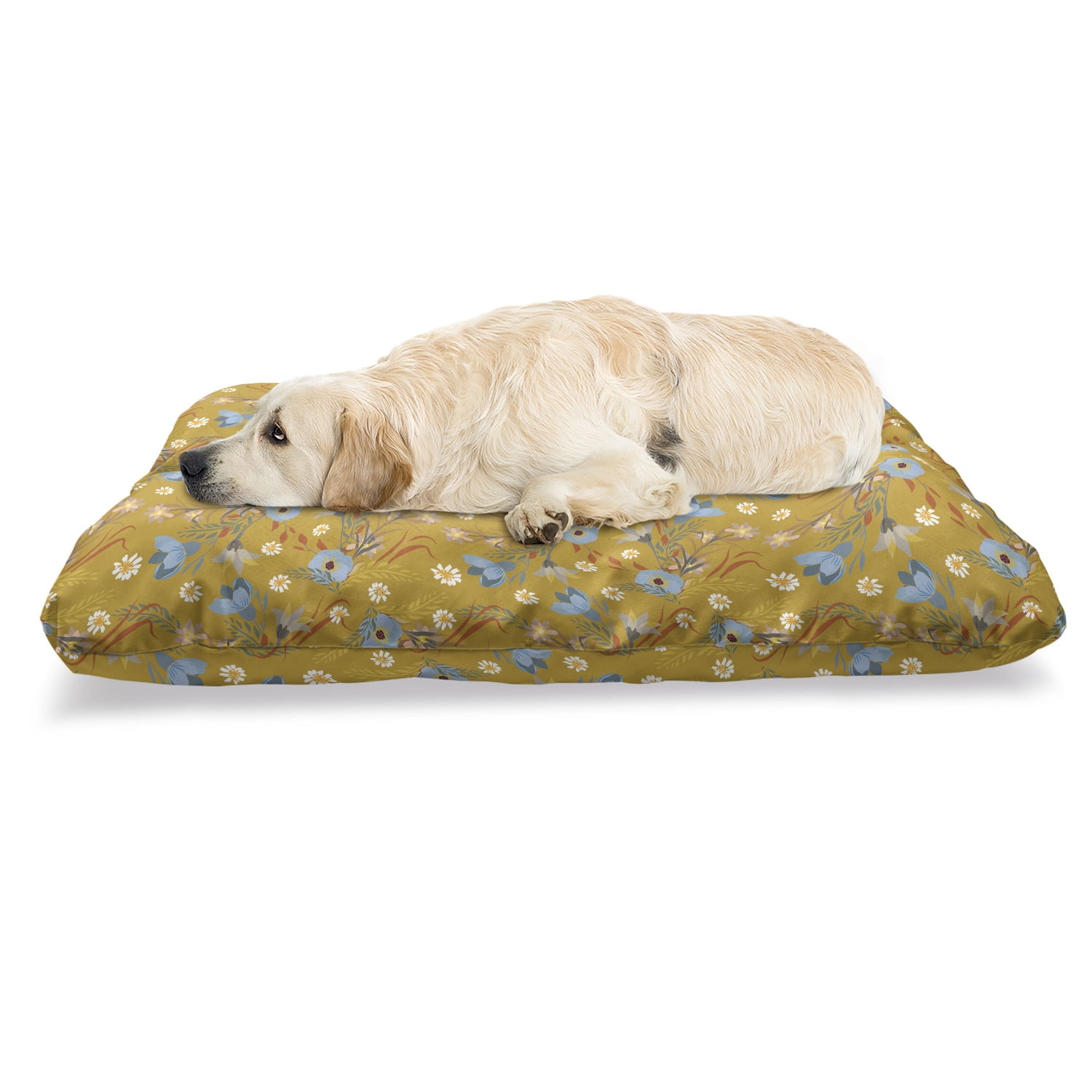 Floral Pet Bed, Retro Design View of Daisies and Poppy Flowers, Chew