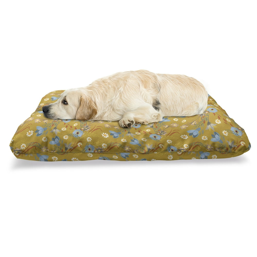 Floral Pet Bed, Retro Design View of Daisies and Poppy Flowers, Chew