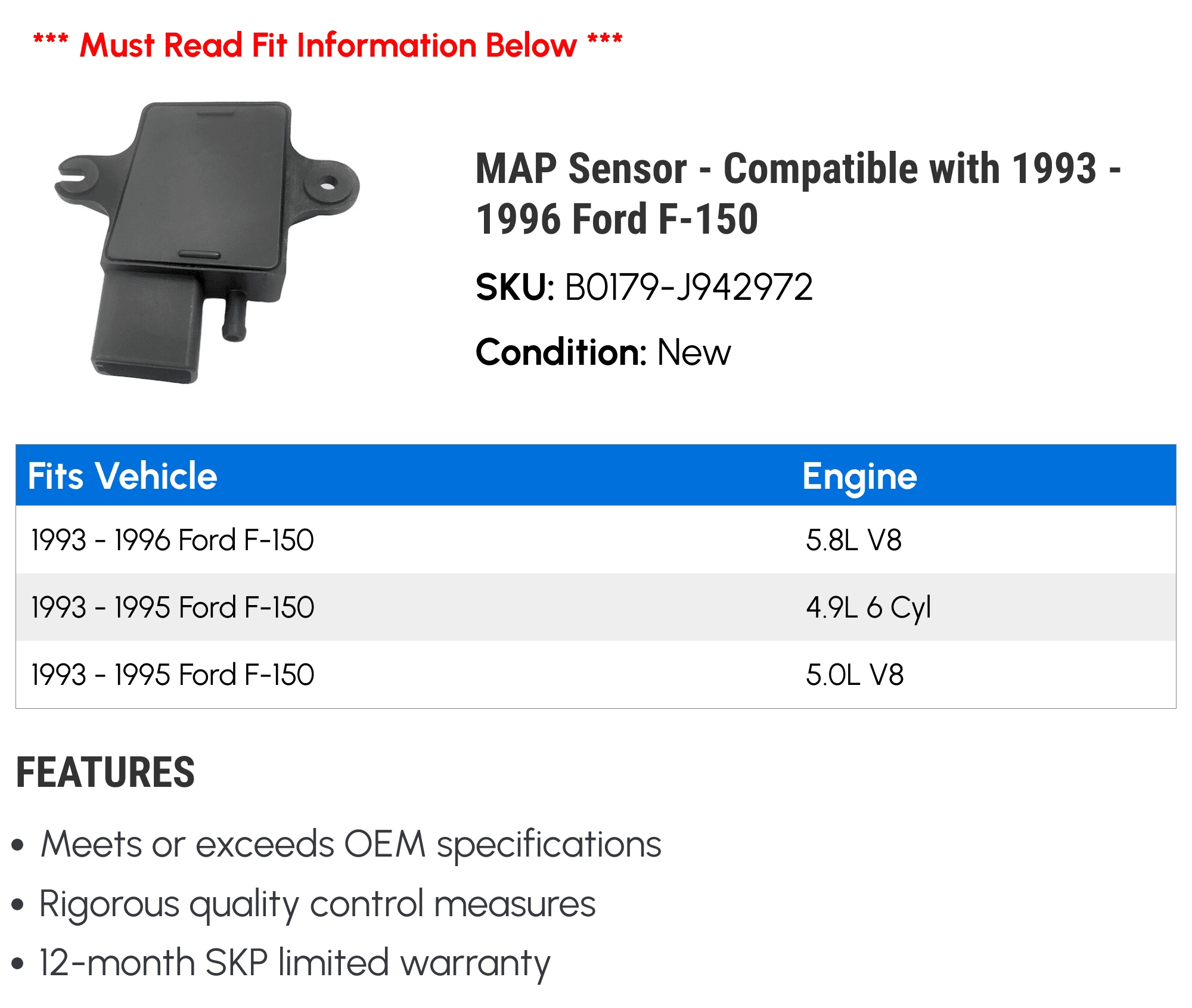 MAP Sensor - Compatible with 1993 - 1996 Ford F-150 1994 1995