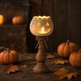 thumbnail image 3 of Byndra Fall White Pumpkin Candle Holder, Distressed Wood Pedestal Tealight Stand with Scalloped Rim, Vintage Thanksgiving Table Decor for Mantel, Dining Table, Entryway, 3 of 7